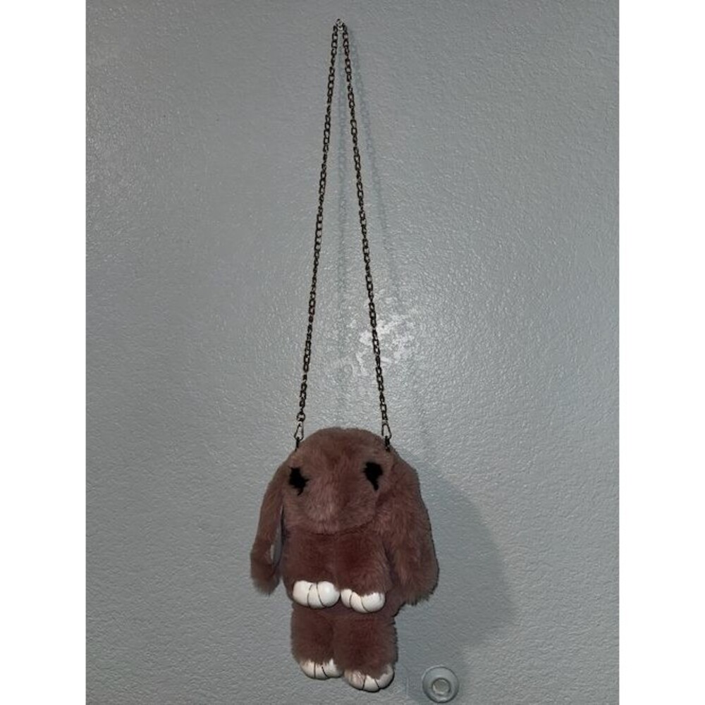 Y2K Kawaii Coquette Purse Plush Bunny Rabbit Crossbody Bag Brown Gold Chain